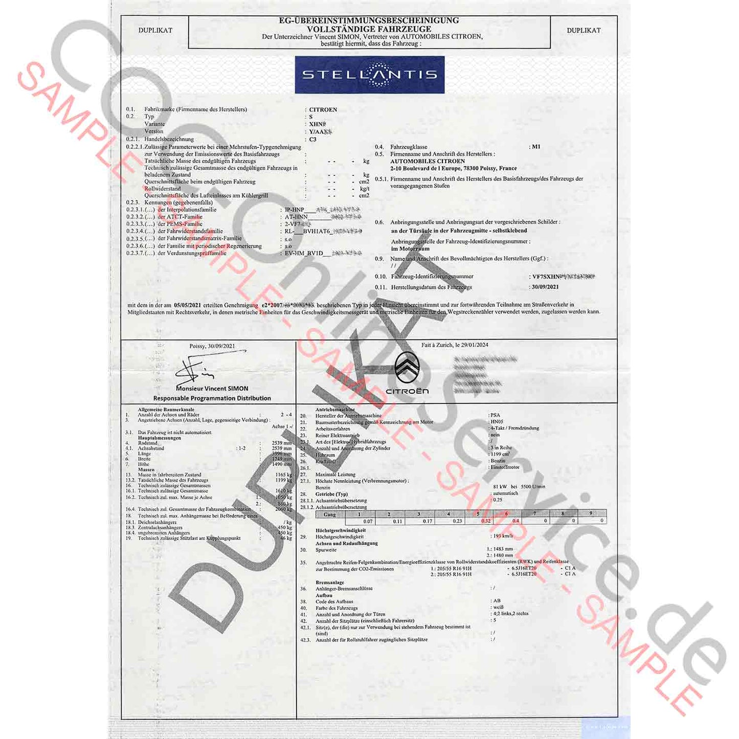 COC Papiere für Citroën (Certificate of Conformity)