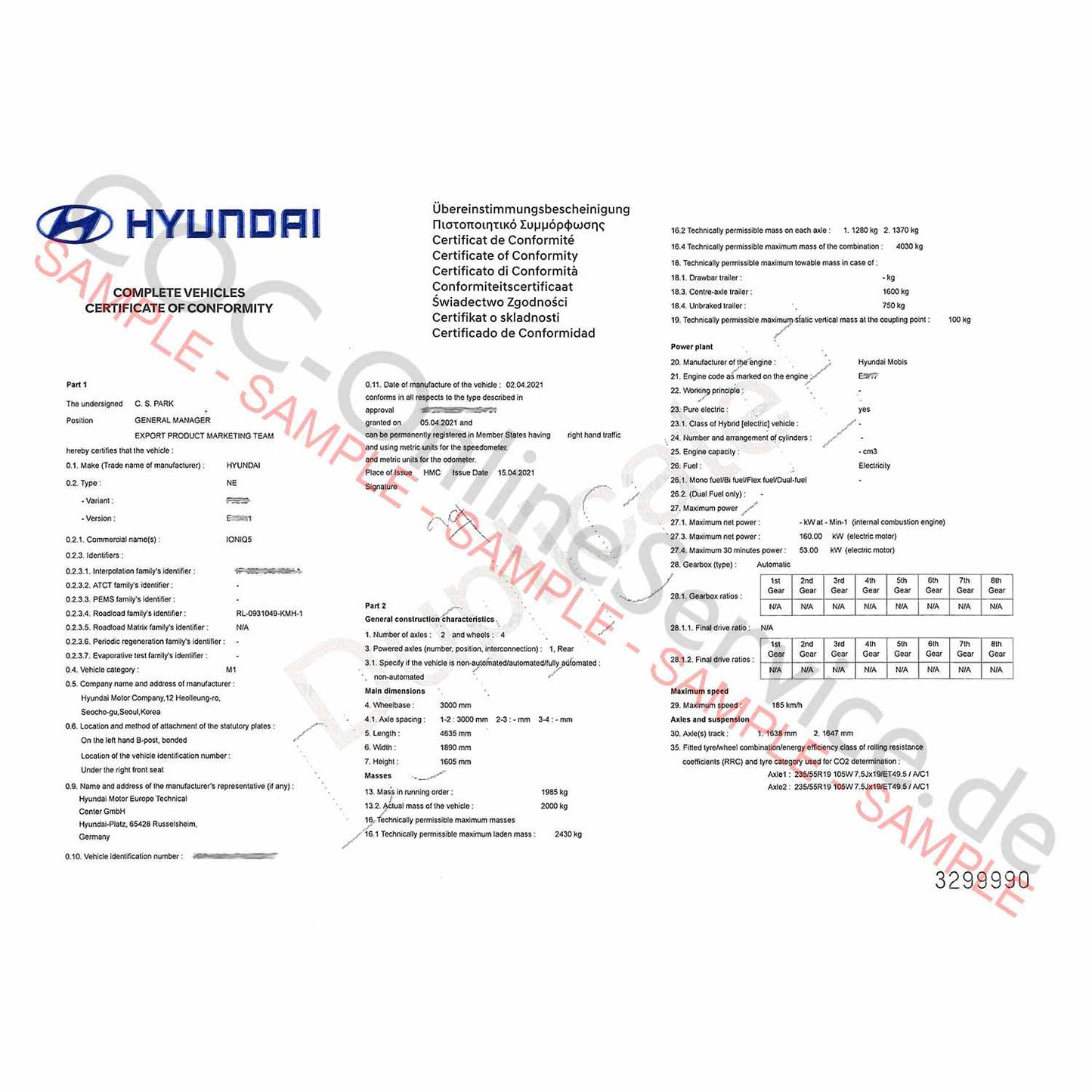 Documenti COC per Hyundai (Certificato di Conformità)