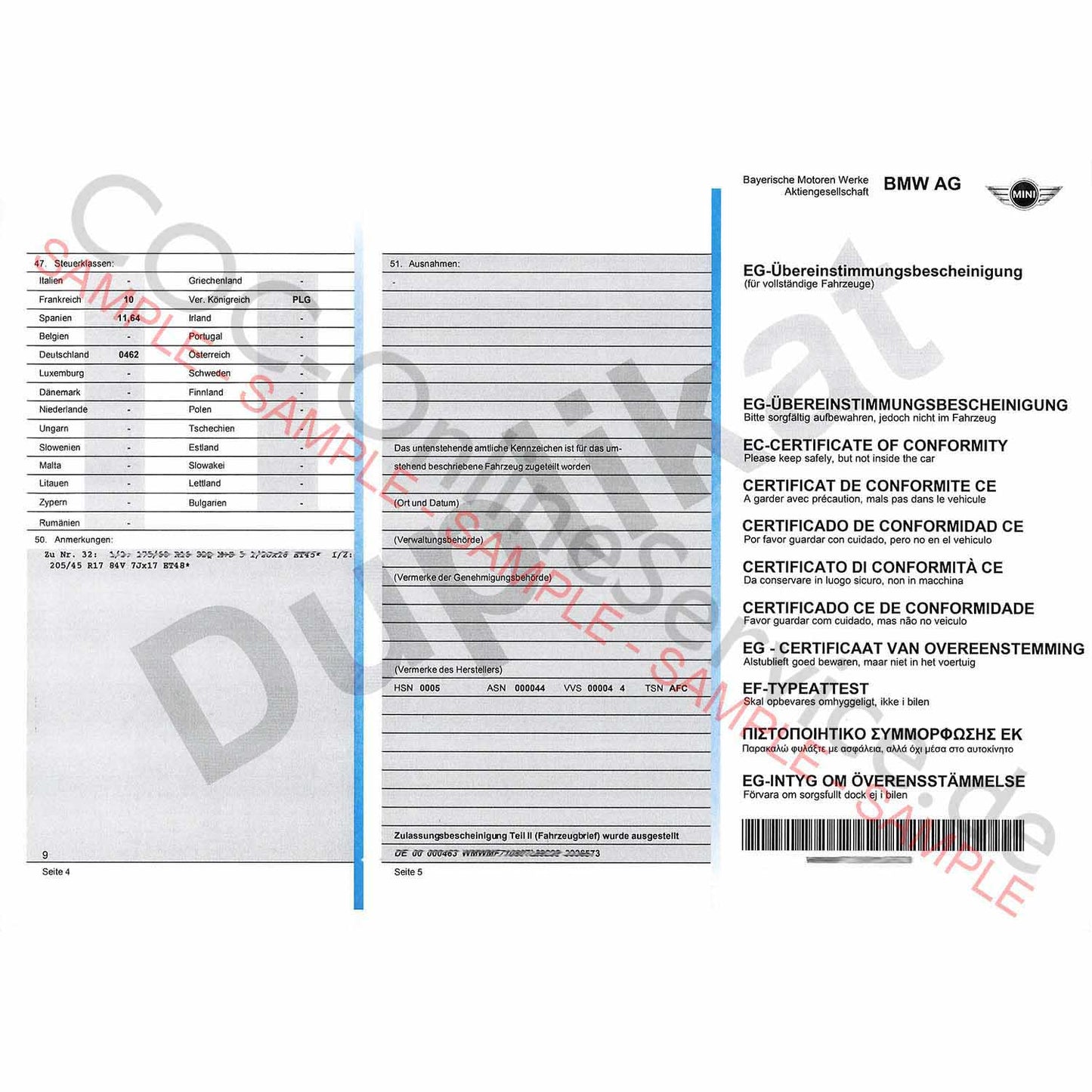 Dokumenty COC dla MINI (Certificate of Conformity)