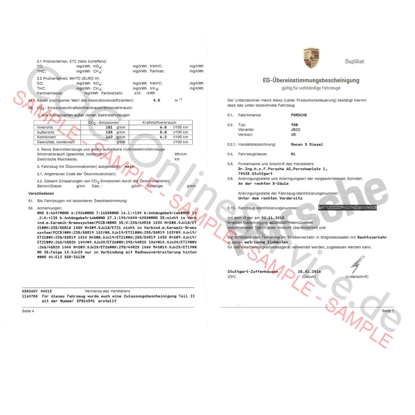 Documenti COC per Porsche (Certificato di Conformità)