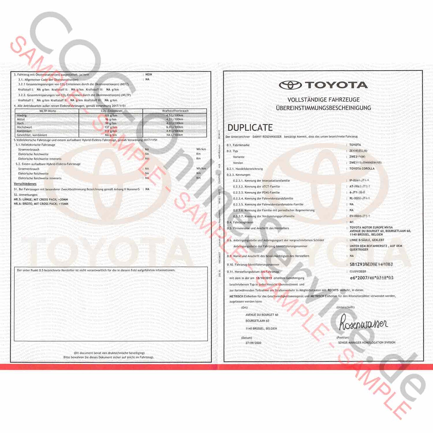 COC dokumenty pre Toyota (Certificate of Conformity)