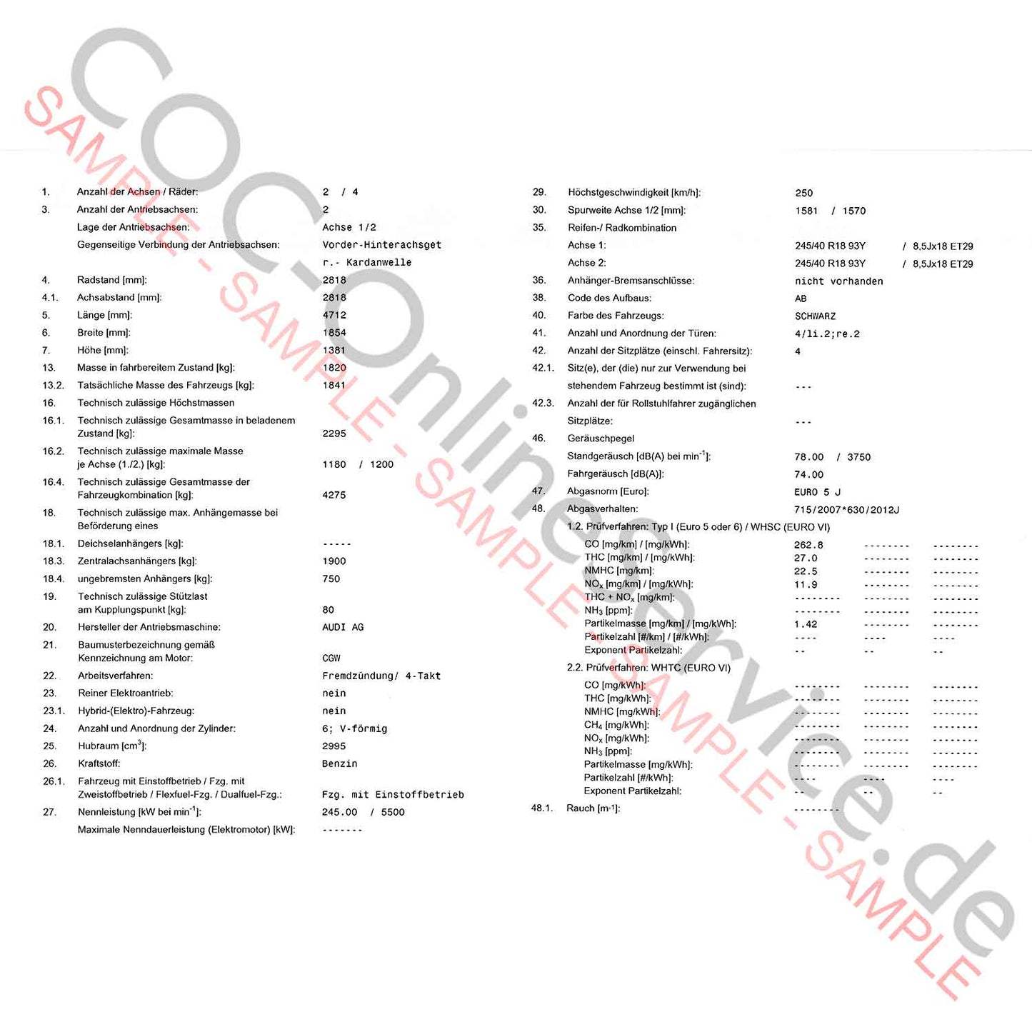 Documento COC para Audi (Certificado de Conformidad)