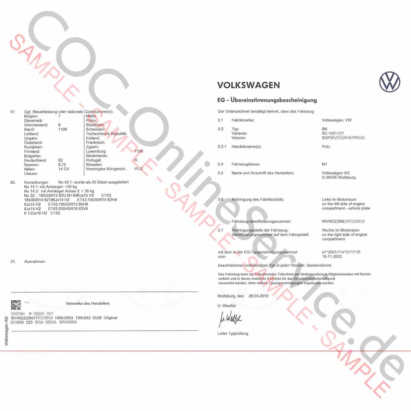 Έγγραφα COC για VW Volkswagen (Πιστοποιητικό συμμόρφωσης)